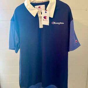Champion Colorblock Rugby Shirt Polo Style Short Sleeve Mens Size L Navy Blue